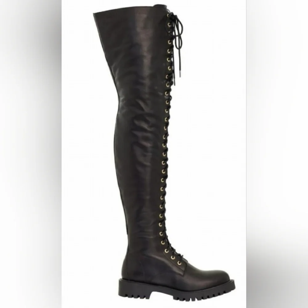 HM X Moschino Leather Thigh-High laced Boots, H&M sz 8.5W EUC